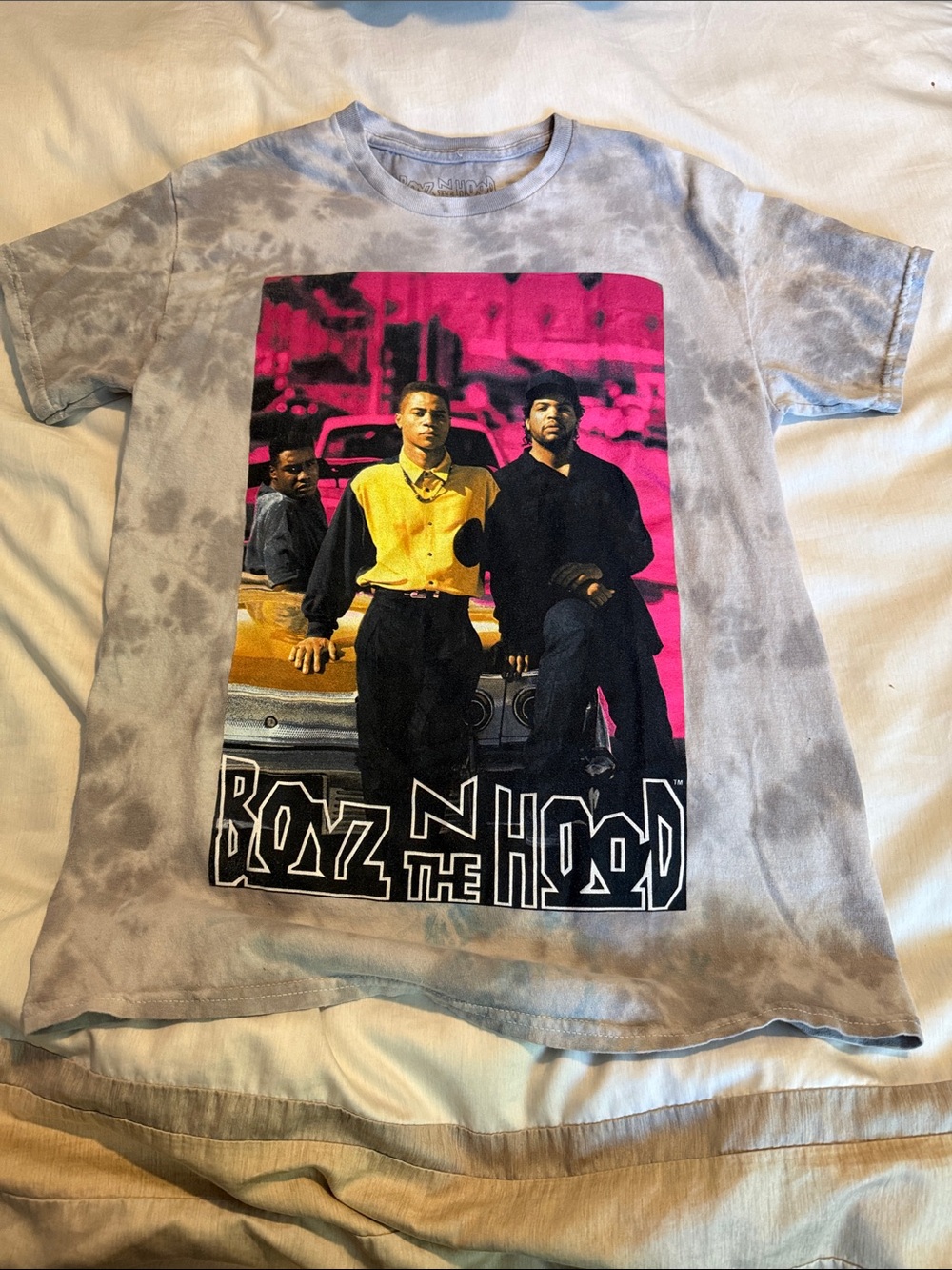 Boyz N the Hood Graphic Tie-Dye Tee - Gray with Pink & Yellow Graphic